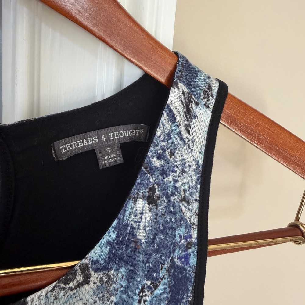 Threads 4 Thought Black Midi Dress with Blue & White Printed Tank Overlay - Picture 2 of 5